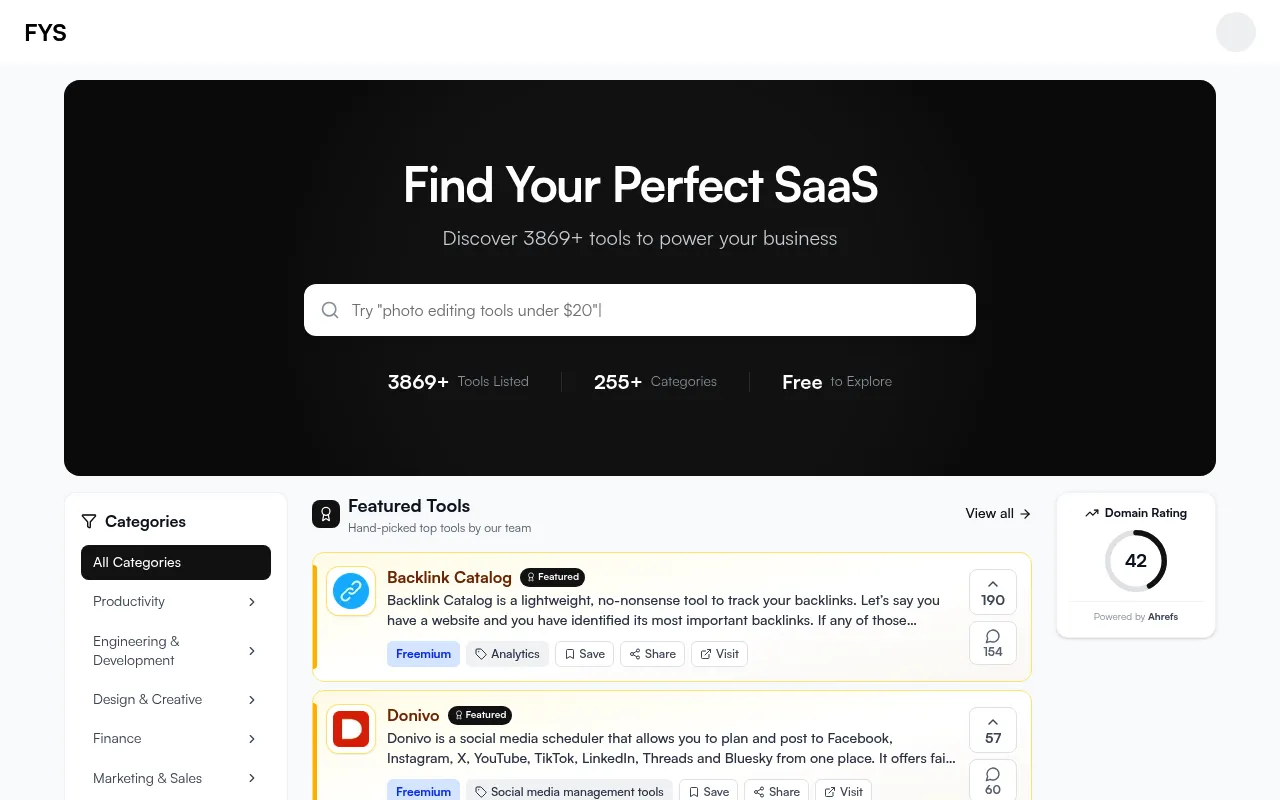 FindYourSaaS homepage