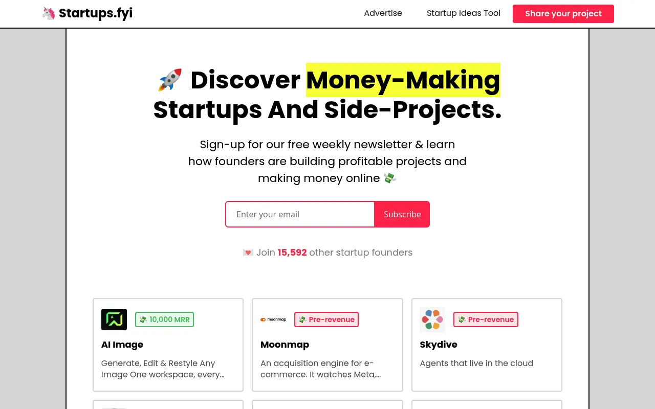 Startups.fyi homepage