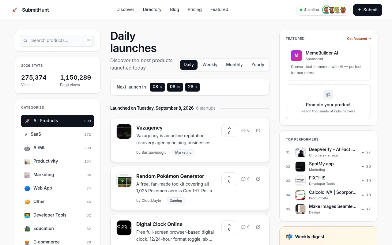SubmitHunt homepage