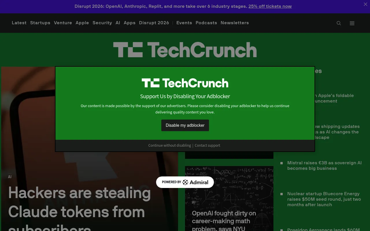 TechCrunch homepage